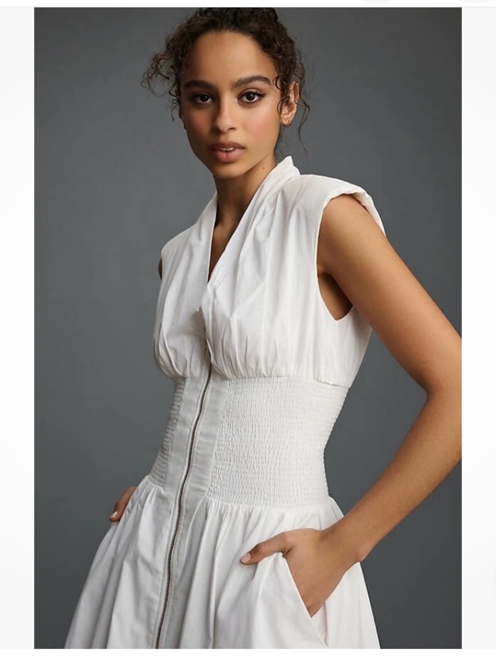 Anthropologie Tommie Cap Sleeve Zip-Front Midi Dress White - Picture 2 of 5
